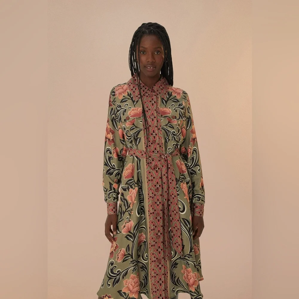 Farm Rio Arabesque Floral Green Midi Dress XS NWOT - Picture 2 of 10